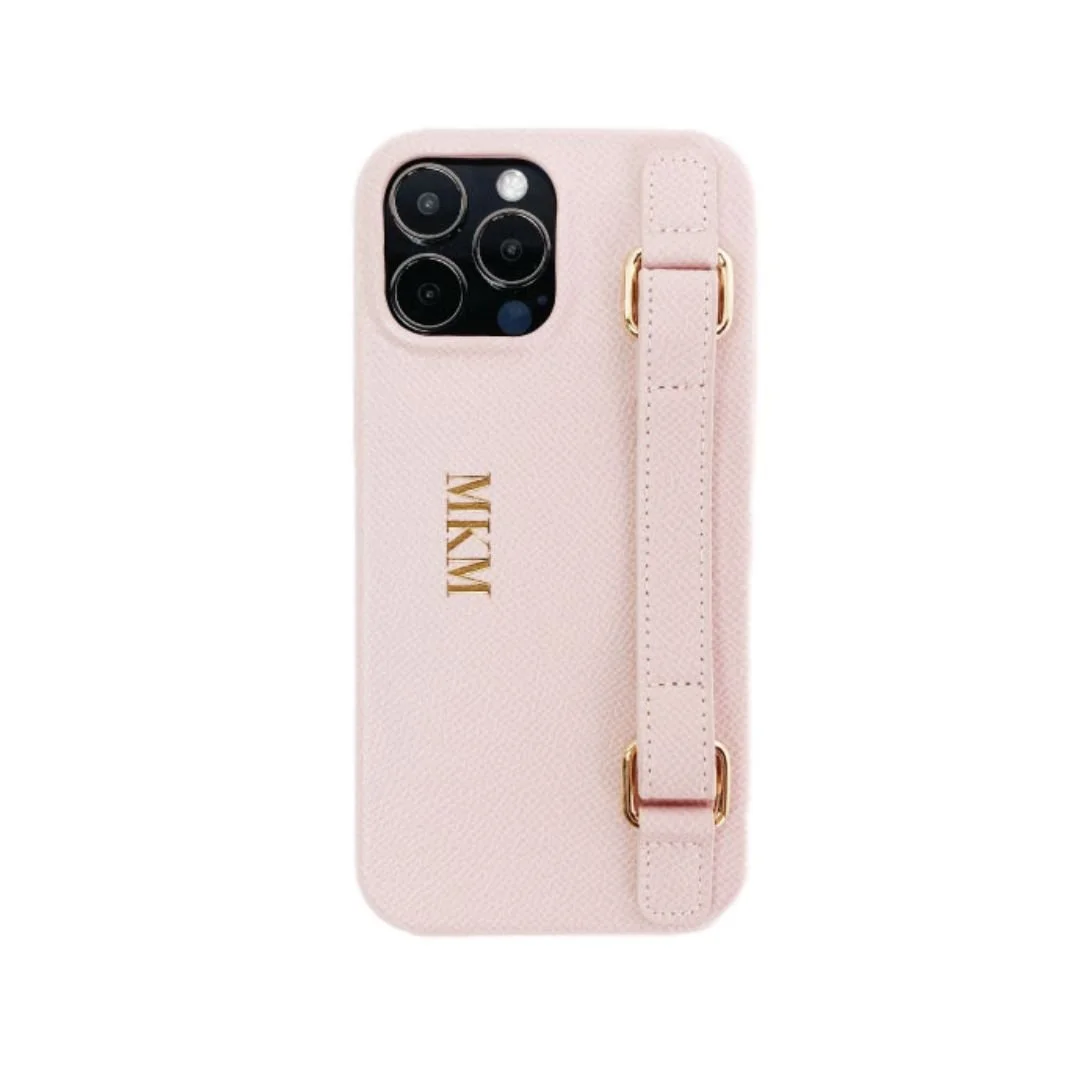 Personalized Custom Pink iPhone 13 Leather Case Handle Loop - Mini